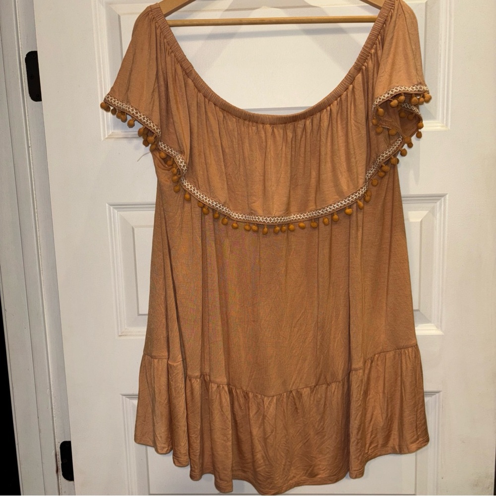 Lane Bryant Womens Tan Brown Off Shoulder Pom Pom Ruffle Blouse Top Size 22 24